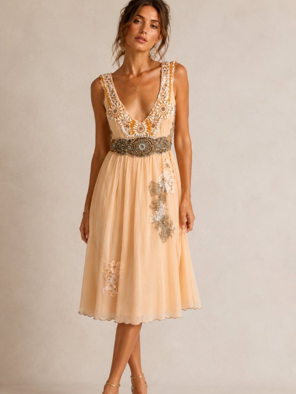 Vintage Mandalay Embellished Silk Midi Dress Size 6 NEW